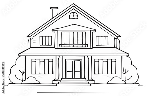 Detailed black and white illustration of a house with trees and windows