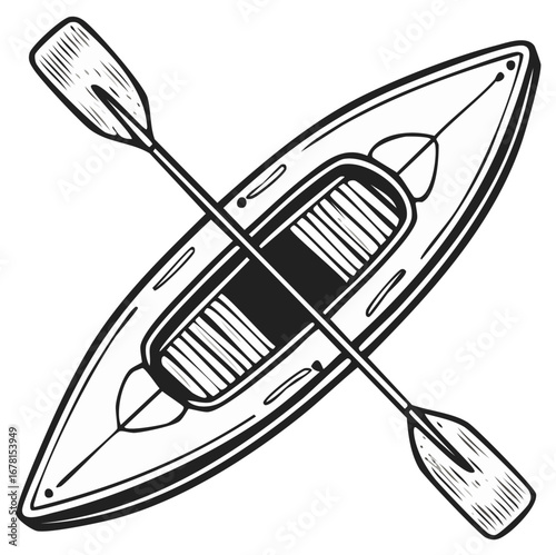 Kayak vector line drawing: top-down view of boat, paddle, recreation, water sport.