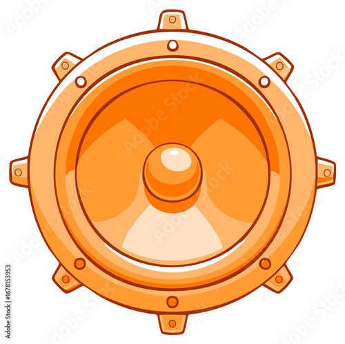Isolated orange loudspeaker with metal rim, sound equipment for music and audio playback, speaker system with decorative rivets.