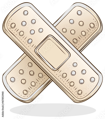 Crossed band aids or adhesive bandages for wound care with vent holes cartoon