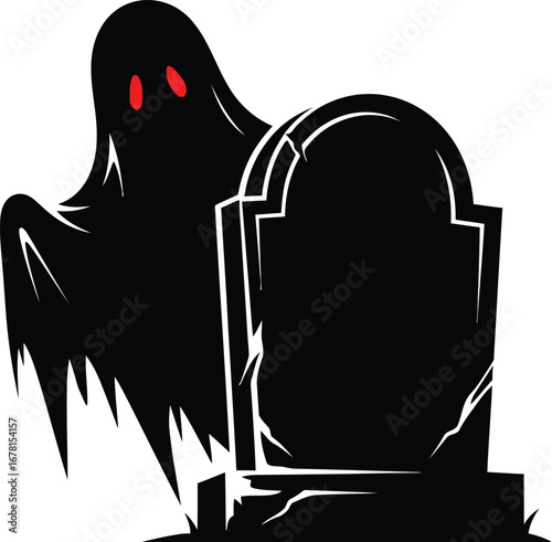 Spooky ghost haunting a gravestone illustration for halloween silhouette