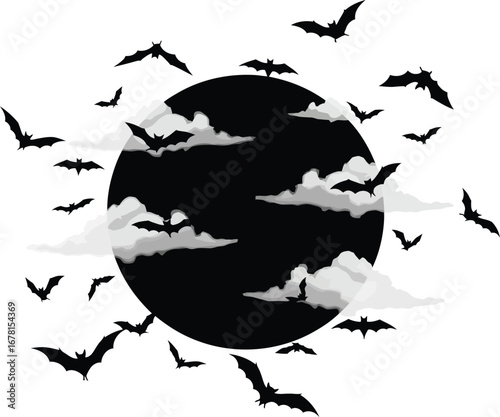 Bats swarming mysterious moon with wispy clouds artwork silhouette