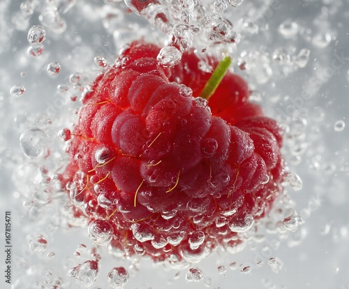 Single fresh fig splashing into water, high-speed capture with droplets against white background, studio macro shot for natural food design.