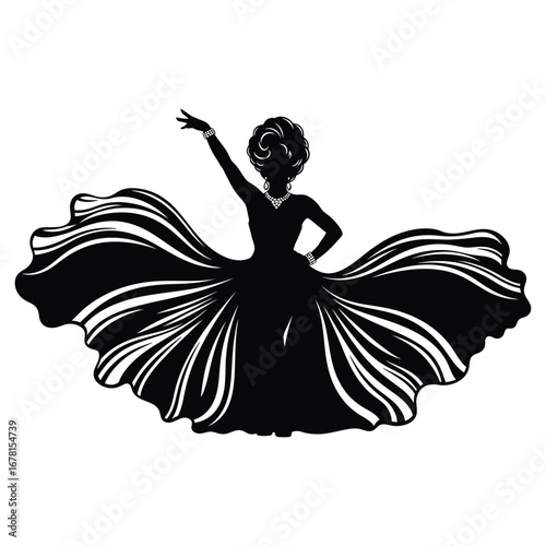 Stylish Drag Queen Silhouette Vector Dancing in Heels, Flowing Gown and Glamorous Hair Style, Dramatic Pose with Afro Wig on White Background