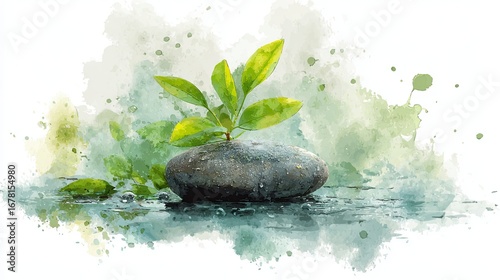 A serene illustration of a green plant growing on a smooth stone, surrounded by soft watercolor splashes, symbolizing growth and resilience.