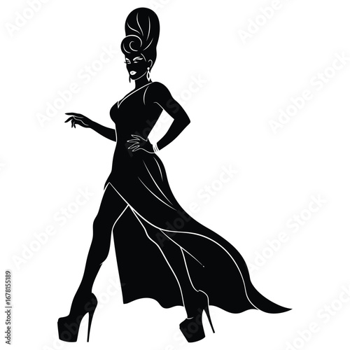 Stylish Drag Queen Silhouette Vector Dancing in Heels, Flowing Gown and Glamorous Hair Style, Dramatic Pose with Afro Wig on White Background