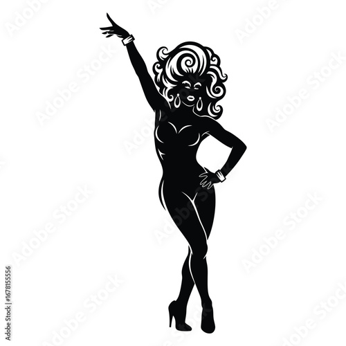 Stylish Drag Queen Silhouette Vector Dancing in Heels, Flowing Gown and Glamorous Hair Style, Dramatic Pose with Afro Wig on White Background