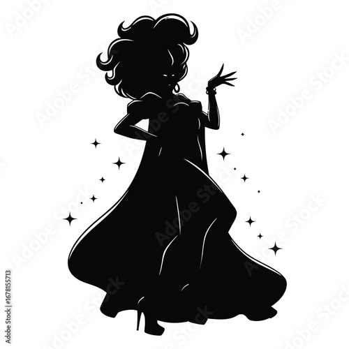 Stylish Drag Queen Silhouette Vector Dancing in Heels, Flowing Gown and Glamorous Hair Style, Dramatic Pose with Afro Wig on White Background