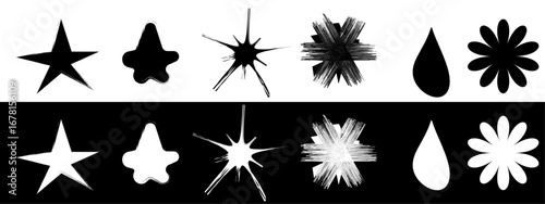 Inverted pairs of simple shapes: star, blob, burst, spiky burst, drop, flower.