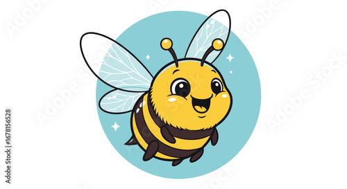 Adorable Cartoon Bee Illustration with Sparkling Wings on Blue Background for Children's Educational Material and Nature Awareness