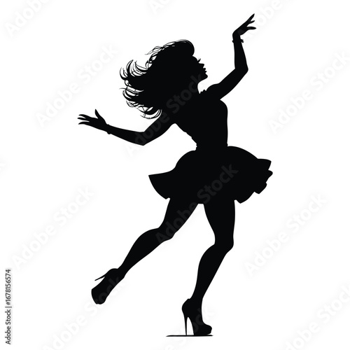 Stylish Drag Queen Silhouette Vector Dancing in Heels, Flowing Gown and Glamorous Hair Style, Dramatic Pose with Afro Wig on White Background