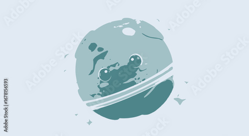 Minimalist Planet Illustration with Cute Creature Face and Rings, Ideal for Children's Books, Educational Materials, or Space-Themed Graphic Design Projects