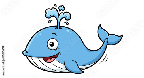 Adorable Blue Whale Cartoon Character with Water Spout, Ideal for Children's Books and Educational Materials, and promoting marine life awareness