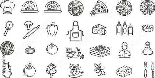 Essential pizza making and delivery icons chef hat oven pizza slice ingredients delivery scooter dining set
