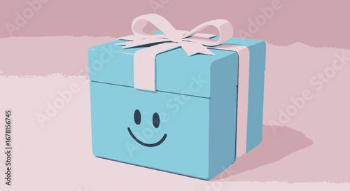 Delightful blue gift box with a charming smiley face and elegant ribbon, perfect for expressing joy, celebration, and heartfelt wishes in various creative designs.