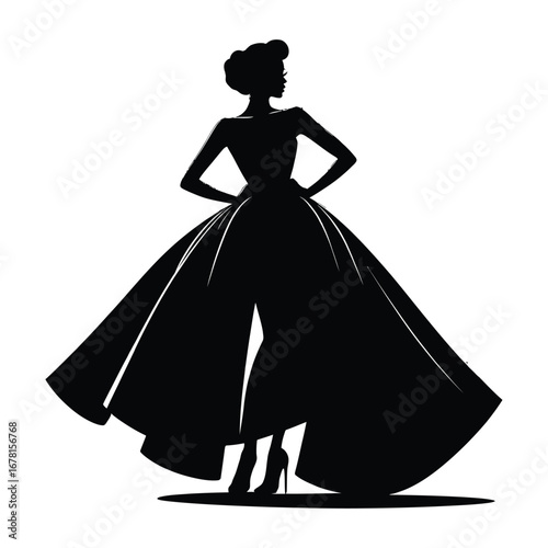 Stylish Drag Queen Silhouette Vector Dancing in Heels, Flowing Gown and Glamorous Hair Style, Dramatic Pose with Afro Wig on White Background