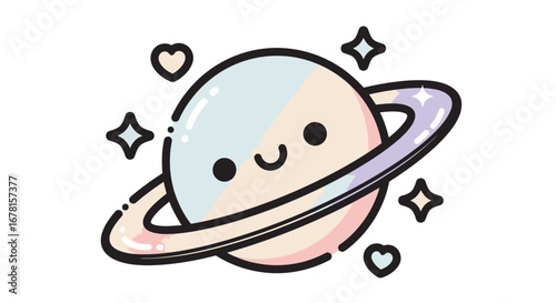 Adorable Cartoon Planet Illustration with Rings and Embellishments for Children's Education and Creative Design Projects
