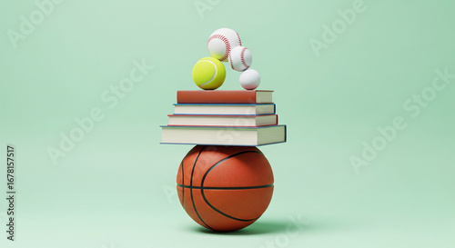 Creative Balance of Books and Sports Balls on Mint Green Background