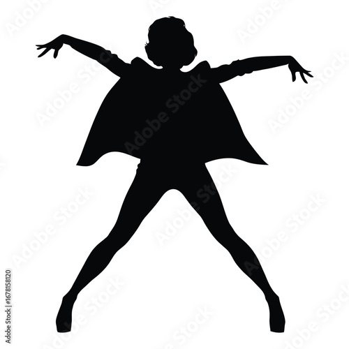 Stylish Drag Queen Silhouette Vector Dancing in Heels, Flowing Gown and Glamorous Hair Style, Dramatic Pose with Afro Wig on White Background