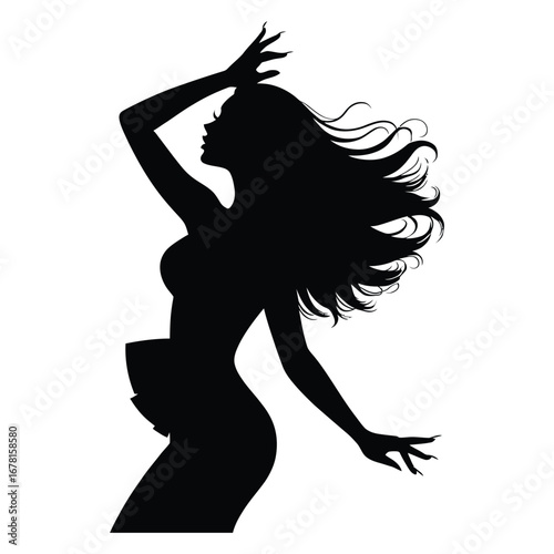 Stylish Drag Queen Silhouette Vector Dancing in Heels, Flowing Gown and Glamorous Hair Style, Dramatic Pose with Afro Wig on White Background