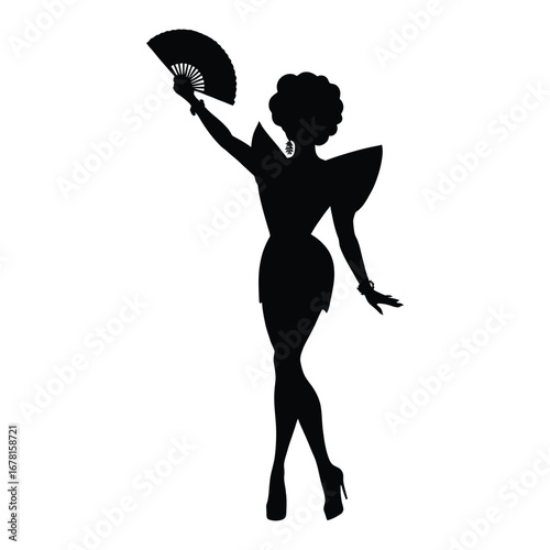 Stylish Drag Queen Silhouette Vector Dancing in Heels, Flowing Gown and Glamorous Hair Style, Dramatic Pose with Afro Wig on White Background