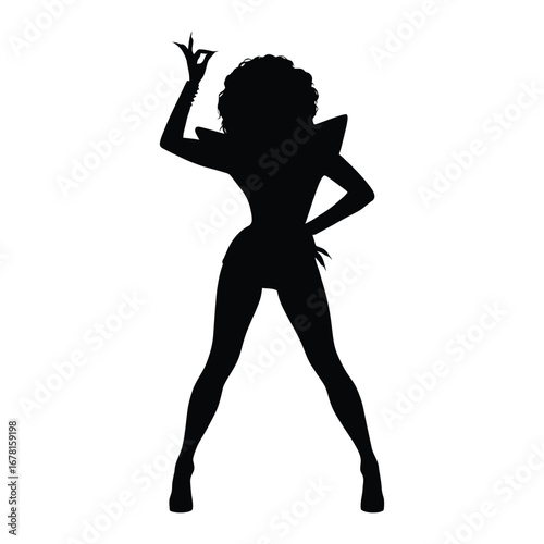 Stylish Drag Queen Silhouette Vector Dancing in Heels, Flowing Gown and Glamorous Hair Style, Dramatic Pose with Afro Wig on White Background