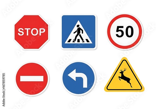 A collection of essential traffic control signs for road safety, including stop, speed limit, pedestrian crossing, and wildlife warning symbols for driver guidance Free Download A collection of essential traffic control signs for road safety, including stop, speed limit, pedestrian crossing, and wildlife warning symbols for driver guidance - GFXLoad