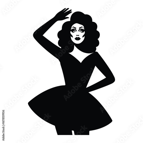 Stylish Drag Queen Silhouette Vector Dancing in Heels, Flowing Gown and Glamorous Hair Style, Dramatic Pose with Afro Wig on White Background