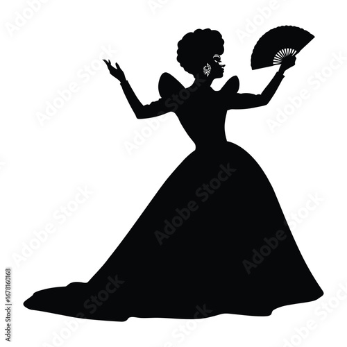 Stylish Drag Queen Silhouette Vector Dancing in Heels, Flowing Gown and Glamorous Hair Style, Dramatic Pose with Afro Wig on White Background