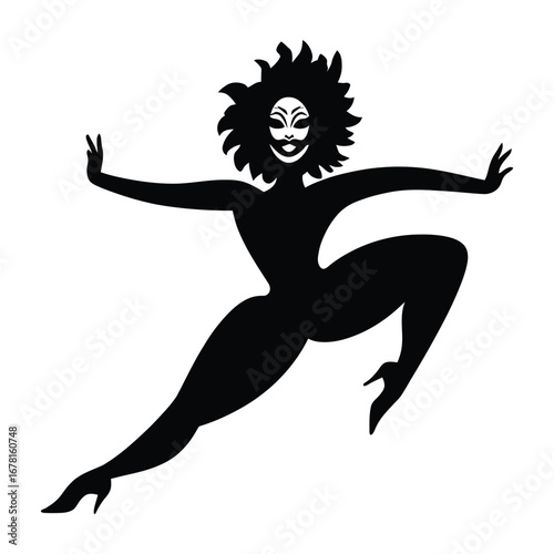 Stylish Drag Queen Silhouette Vector Dancing in Heels, Flowing Gown and Glamorous Hair Style, Dramatic Pose with Afro Wig on White Background
