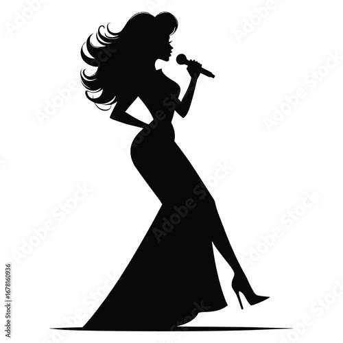 Stylish Drag Queen Silhouette Vector Dancing in Heels, Flowing Gown and Glamorous Hair Style, Dramatic Pose with Afro Wig on White Background