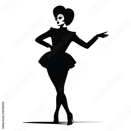 Stylish Drag Queen Silhouette Vector Dancing in Heels, Flowing Gown and Glamorous Hair Style, Dramatic Pose with Afro Wig on White Background