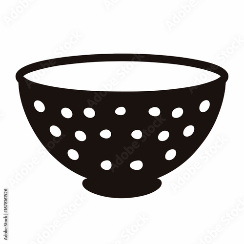 Silhouette image of a colander featuring a round bowl and perforated holes