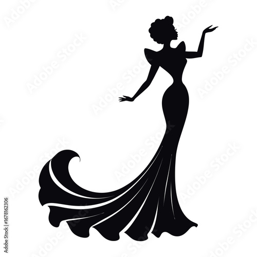 Stylish Drag Queen Silhouette Vector Dancing in Heels, Flowing Gown and Glamorous Hair Style, Dramatic Pose with Afro Wig on White Background