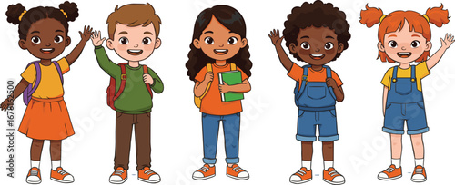 Happy diverse kids standing together, waving, smiling, ready for school, cute cartoon children, backpack, books, back to school, cheerful classmates, multicultural group, education concept