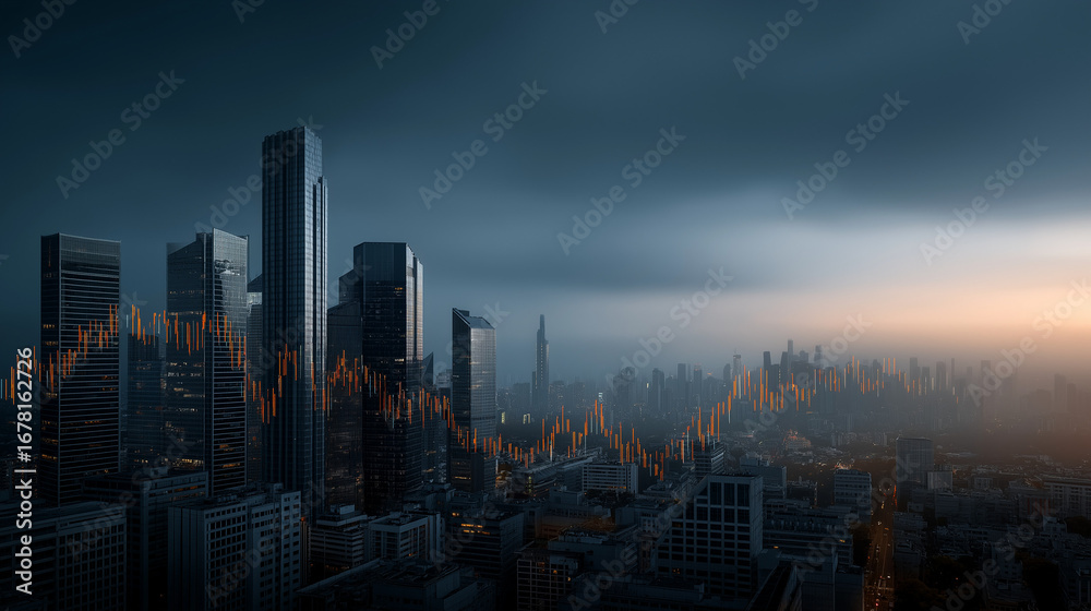 Fototapeta premium Navigating stock market volatility investment strategies and economic indicators in financial markets urban landscape dramatic viewpoint