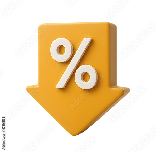 Yellow downward arrow with percentage symbol showing price reduction sale discount