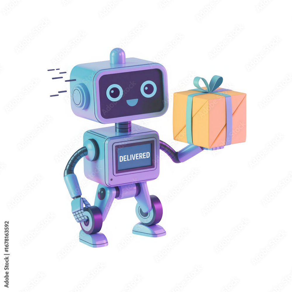 Fototapeta premium 3d Friendly robot character delivering a gift box with a cheerful expression transparent background