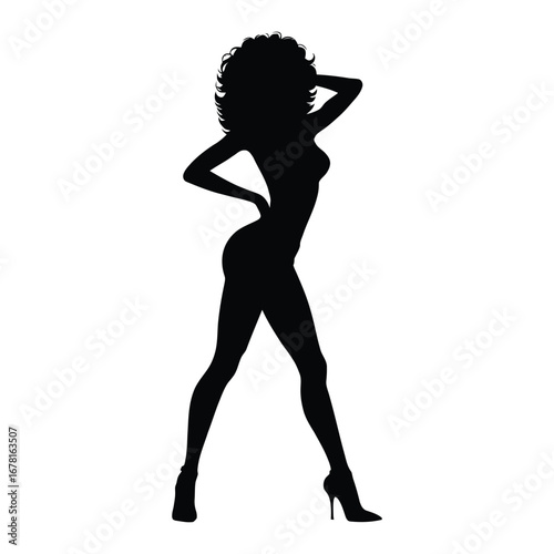 Stylish Drag Queen Silhouette Vector Dancing in Heels, Flowing Gown and Glamorous Hair Style, Dramatic Pose with Afro Wig on White Background