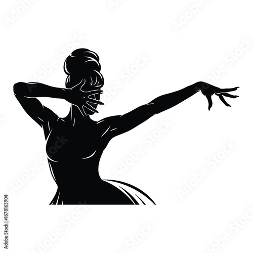 Stylish Drag Queen Silhouette Vector Dancing in Heels, Flowing Gown and Glamorous Hair Style, Dramatic Pose with Afro Wig on White Background
