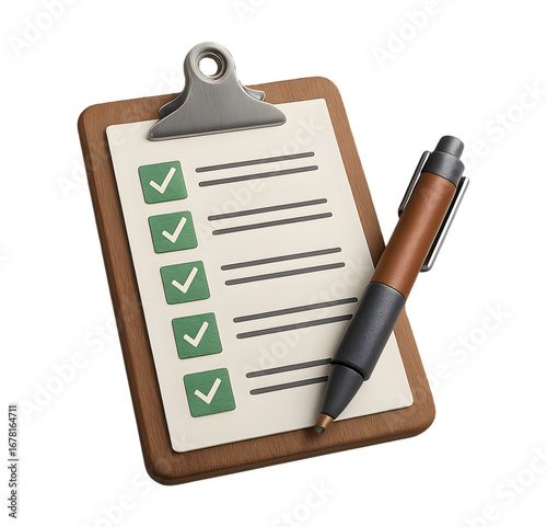 Wooden clipboard checklist pen green checkmarks task list planning organization