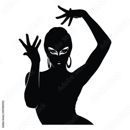 Stylish Drag Queen Silhouette Vector Dancing in Heels, Flowing Gown and Glamorous Hair Style, Dramatic Pose with Afro Wig on White Background