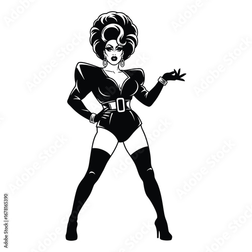 Stylish Drag Queen Silhouette Vector Dancing in Heels, Flowing Gown and Glamorous Hair Style, Dramatic Pose with Afro Wig on White Background