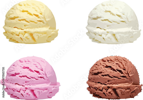 Indulge in creamy delight four delicious ice cream scoops vanilla strawberry chocolate vanilla on white
