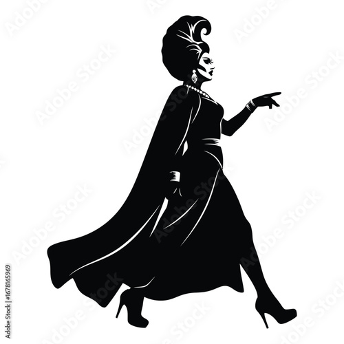 Stylish Drag Queen Silhouette Vector Dancing in Heels, Flowing Gown and Glamorous Hair Style, Dramatic Pose with Afro Wig on White Background