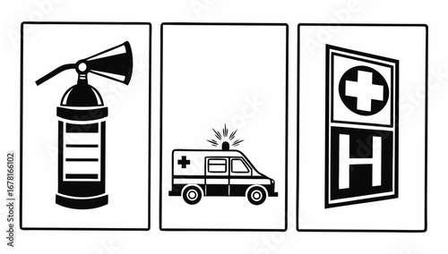 Three panels showing fire extinguisher ambulance and hospital sign in black and white outline style drawing vreated with genrated ai