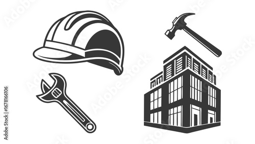 Illustration showing a hard hat, wrench, hammer and building representing construction and related industries vreated with genrated ai