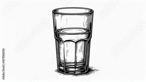 Vintage Engraved Glass of Water with Rippling Surface and Subtle Shadows