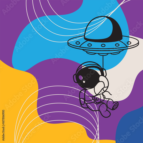 Colorful abstract astronaut space vector illustration. Cosmonaut in spacesuit, futuristic galaxy exploration element for book cover, poster, sticker, print, a
