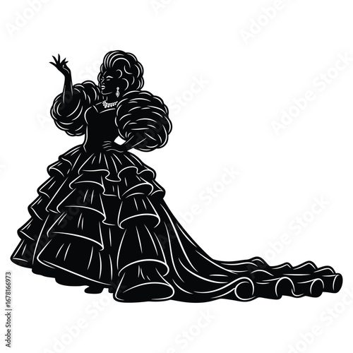 Stylish Drag Queen Silhouette Vector Dancing in Heels, Flowing Gown and Glamorous Hair Style, Dramatic Pose with Afro Wig on White Background